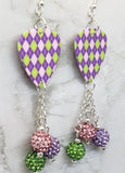 Pink, Purple, and Bright Green Argyle Guitar Pick Earrings with Pave Bead Dangles