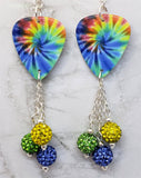 Colorful Tie Dye Swirl Guitar Pick Earrings with Pave Bead Dangles