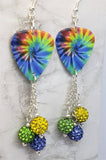 Colorful Tie Dye Swirl Guitar Pick Earrings with Pave Bead Dangles