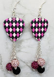 Pink and Black Argyle Guitar Pick Earrings with Pave Bead Dangles
