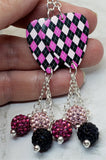 Pink and Black Argyle Guitar Pick Earrings with Pave Bead Dangles