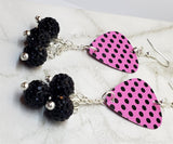 Black Polka Dots on a Pink Guitar Pick with Black Pave Bead Dangles
