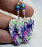 Colorful Owl Guitar Pick Earrings with Green AB Swarovski Crystals
