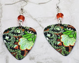 Black, Green and Orange Flowered Guitar Pick Earrings with Swarovski Crystals