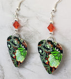 Black, Green and Orange Flowered Guitar Pick Earrings with Swarovski Crystals