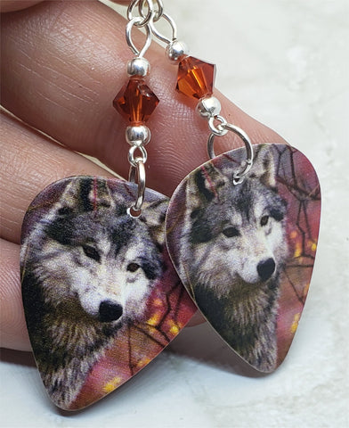 Wolf Guitar Pick Earrings with Indian Red Swarovski Crystals