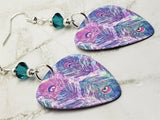 Beautifully Colored Peacock Feathers Guitar Pick Earrings with Teal Swarovski Crystals