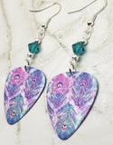 Beautifully Colored Peacock Feathers Guitar Pick Earrings with Teal Swarovski Crystals