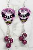 Skull with Barbed Wire Guitar Pick Earrings with Fuchsia Pave Bead Dangles