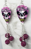 Skull with Barbed Wire Guitar Pick Earrings with Fuchsia Pave Bead Dangles