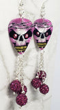 Skull with Barbed Wire Guitar Pick Earrings with Fuchsia Pave Bead Dangles