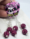 Skull with Barbed Wire Guitar Pick Earrings with Fuchsia Pave Bead Dangles