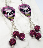 Skull with Barbed Wire Guitar Pick Earrings with Fuchsia Pave Bead Dangles