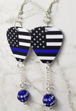 American Flag with Blue Line Police Support Guitar Pick Earrings with Blue and White Striped Pave Bead Dangles