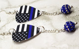 American Flag with Blue Line Police Support Guitar Pick Earrings with Blue and White Striped Pave Bead Dangles