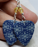 Blue and Pale Yellow Patterned Guitar Pick Earrings with Pale Yellow Swarovski Crystals