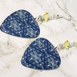 Blue and Pale Yellow Patterned Guitar Pick Earrings with Pale Yellow Swarovski Crystals