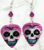 Skull with Fuchsia Shading Guitar Pick Earrings with Fuchsia Swarovski Crystals