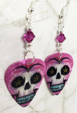 Skull with Fuchsia Shading Guitar Pick Earrings with Fuchsia Swarovski Crystals