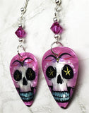 Skull with Fuchsia Shading Guitar Pick Earrings with Fuchsia Swarovski Crystals