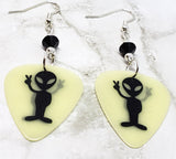 Glow in the Dark Alien Peace Sign Guitar Pick Earrings with Black Swarovski Crystals