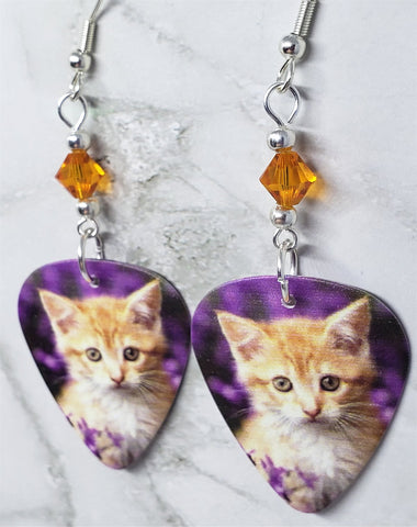 Orange Kitten Guitar Pick Earrings with Orange Swarovski Crystals