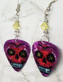 Pink and Purple Skull Guitar Pick Earrings with Yellow Swarovski Crystals