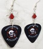 Positive Metal Attitude Skeleton and Pentagram Guitar Pick Earrings with Red Swarovski Crystals