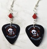 Positive Metal Attitude Skeleton and Pentagram Guitar Pick Earrings with Red Swarovski Crystals