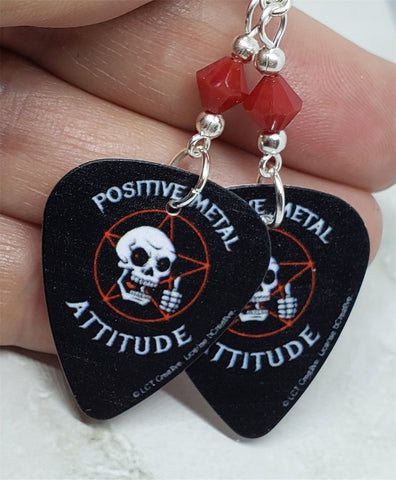 Positive Metal Attitude Skeleton and Pentagram Guitar Pick Earrings with Red Swarovski Crystals