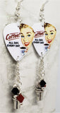 Coffee All Day Every Day Guitar Pick Earrings with Coffee Cup Charm and Swarovski Crystal Dangles