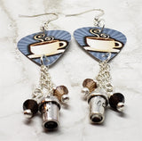 Coffee Cup Guitar Pick Earrings with Coffee Cup Charm and Swarovski Crystal Dangles