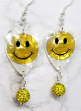 Smiley Face Guitar Pick Earrings with Yellow Pave Bead Dangles