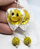 Smiley Face Guitar Pick Earrings with Yellow Pave Bead Dangles