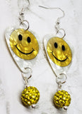 Smiley Face Guitar Pick Earrings with Yellow Pave Bead Dangles