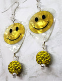 Smiley Face Guitar Pick Earrings with Yellow Pave Bead Dangles