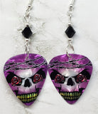 Skull with Barbed Wire Guitar Pick Earrings with Black Swarovski Crystals