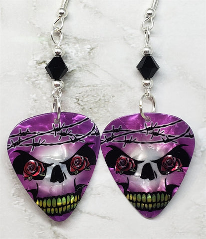 Skull with Barbed Wire Guitar Pick Earrings with Black Swarovski Crystals