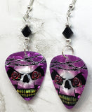 Skull with Barbed Wire Guitar Pick Earrings with Black Swarovski Crystals