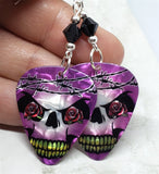 Skull with Barbed Wire Guitar Pick Earrings with Black Swarovski Crystals