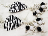 Zebra Print Guitar Pick Earrings with Black and White Swarovski Crystal Dangles