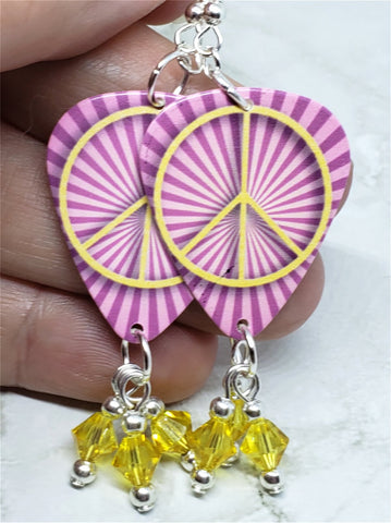 Yellow Peace Sign on Pink Striped Background Guitar Pick Earrings with Yellow Swarovski Crystal Dangles