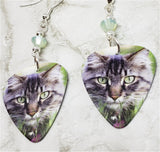 Gray Tabby Cat Guitar Pick Earrings with Chrysolite Opal Swarovski Crystals