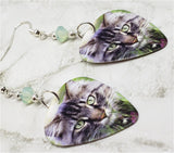 Gray Tabby Cat Guitar Pick Earrings with Chrysolite Opal Swarovski Crystals