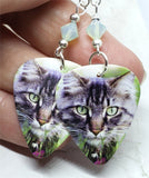 Gray Tabby Cat Guitar Pick Earrings with Chrysolite Opal Swarovski Crystals