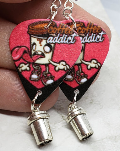 Coffee Addict Guitar Pick Earrings with Coffee Cup Charm Dangles