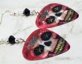 Red and White Skull Guitar Pick Earrings with Black Swarovski Crystals