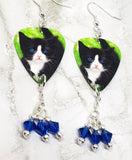 Black and White Tuxedo Kitten Guitar Pick Earrings with Blue Swarovski Crystal Dangles