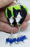 Black and White Tuxedo Kitten Guitar Pick Earrings with Blue Swarovski Crystal Dangles