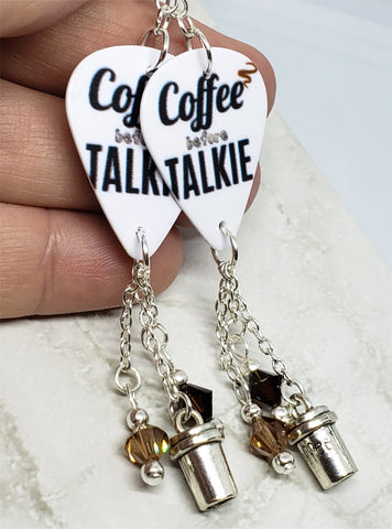 Coffee Before Talkie Guitar Pick Earrings with Coffee Cup Charm and Swarovski Crystal Dangles